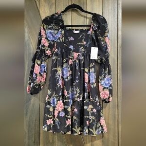 SO black flowered long-sleeve empire waist dress XS NWT